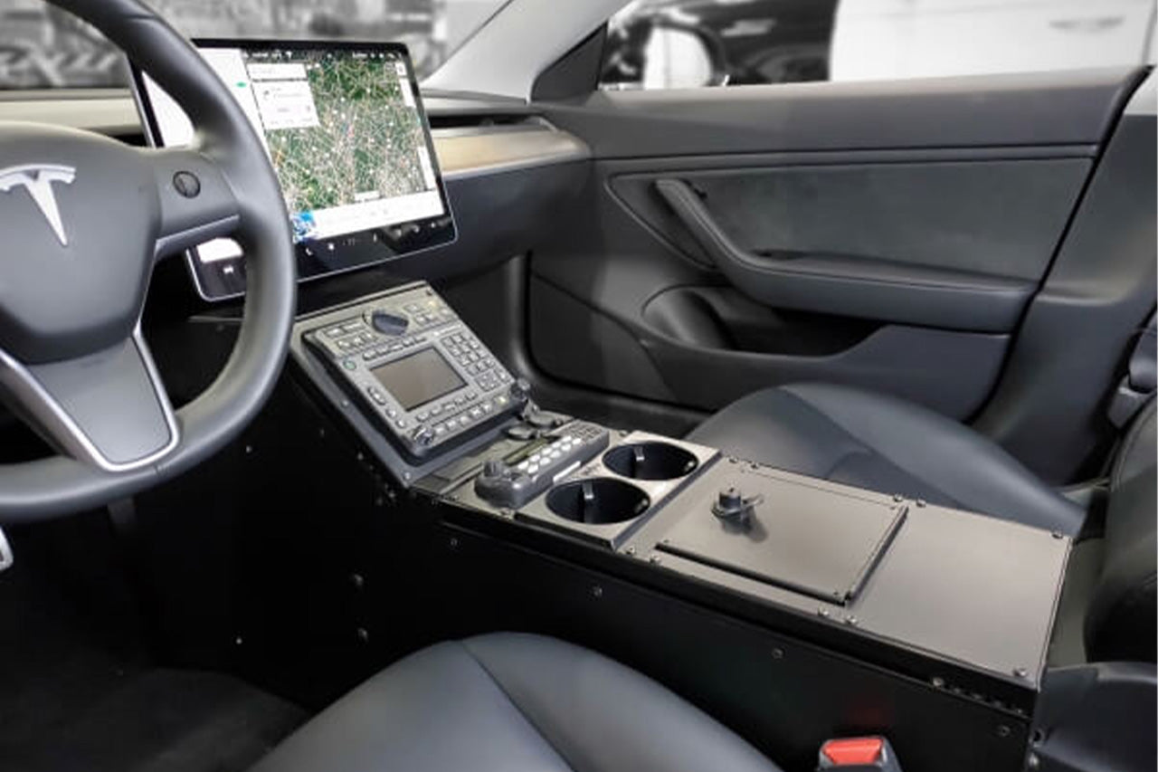 Tesla Model 3 Havis Vehicle-Specific 27″ Angled Center Console for Patrol Car Radio & Light / Siren Controllers
