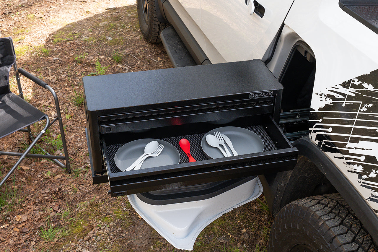 gear tunnel Team 1EV RMAXX Gear Tunnel Dual Slide Out Trolley Sled and Storage Chests & Boxes for Rivian R1T Open Top Sport / Camp / Gear Box / Single Drawer