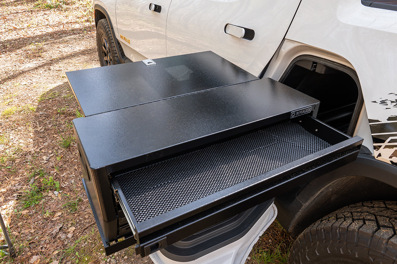 Rivian R1T RMAXX Heavy Duty Gear Tunnel Dual Slide Out Trolley Sled & Storage Chests & Boxes